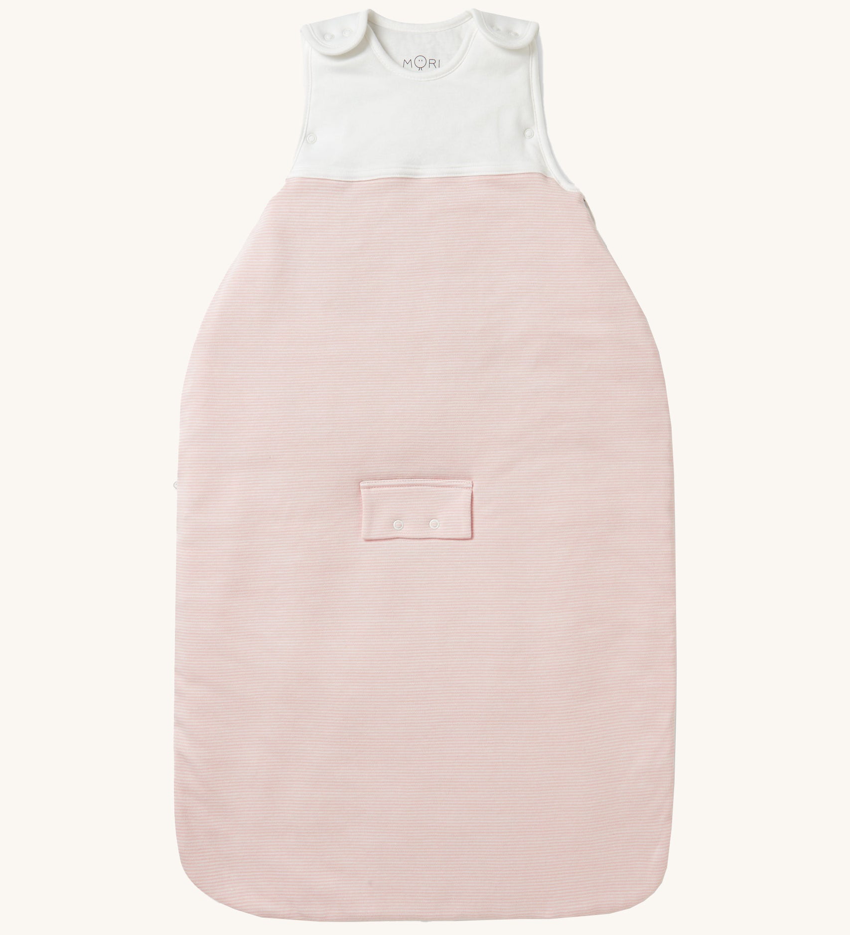 MORI baby sleeping bag in 2.5 TOG. A jersey style baby organic cotton and bamboo sleeping bag in pink and white stripe design. Features a small pocket on the front and popper fasteners on the shoulders for easy fitting.