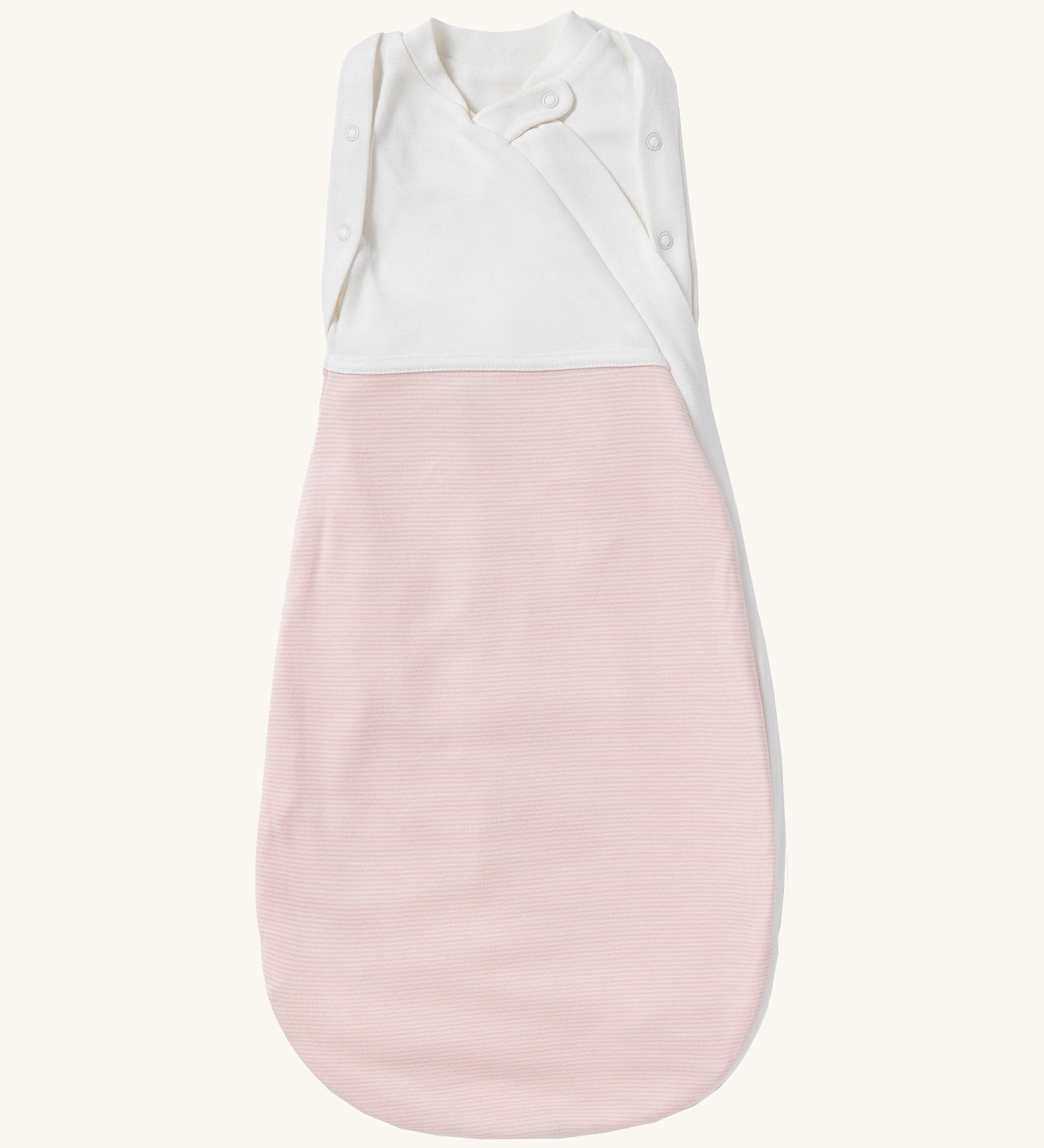 MORI baby swaddle bag. 100% organic bamboo and cotton swaddle in pink and white stripes. Features poppers by the arms and neck for easy fitting.