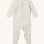 Mori two way zipped sleepsuit in ecru colour. A ribbed style all in one outfit made from bamboo and organic cotton. Features a two-way zip and concealed for safety