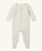 Mori two way zipped sleepsuit in ecru colour. A ribbed style all in one outfit made from bamboo and organic cotton. Features a two-way zip and concealed for safety