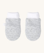 MORI baby mittens. A ribbed style pair of mittens from organic fabric in grey marl . Features a white cuff for a comfortable fit