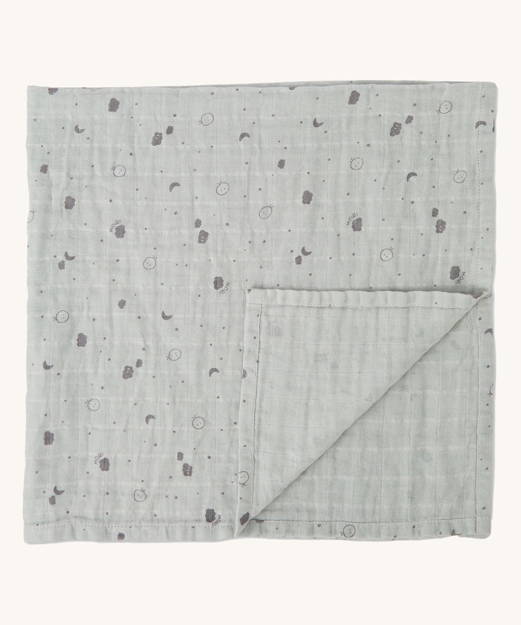 MORI muslin square in grey. 100% organic cotton muslin with cute little prints of clouds and creatures in dark grey