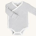 MORI baby kimono bodysuit. 100% organic cotton wrap-style front kimono in grey and white stripe with poppers at the crotch for easy fitting