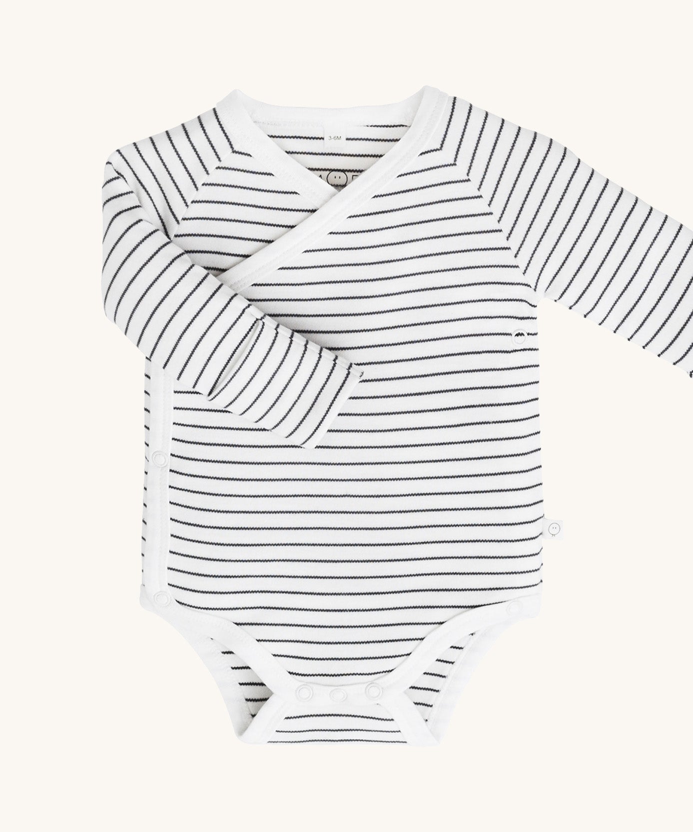 MORI baby kimono bodysuit. 100% organic cotton wrap-style front kimono in grey and white stripe with poppers at the crotch for easy fitting