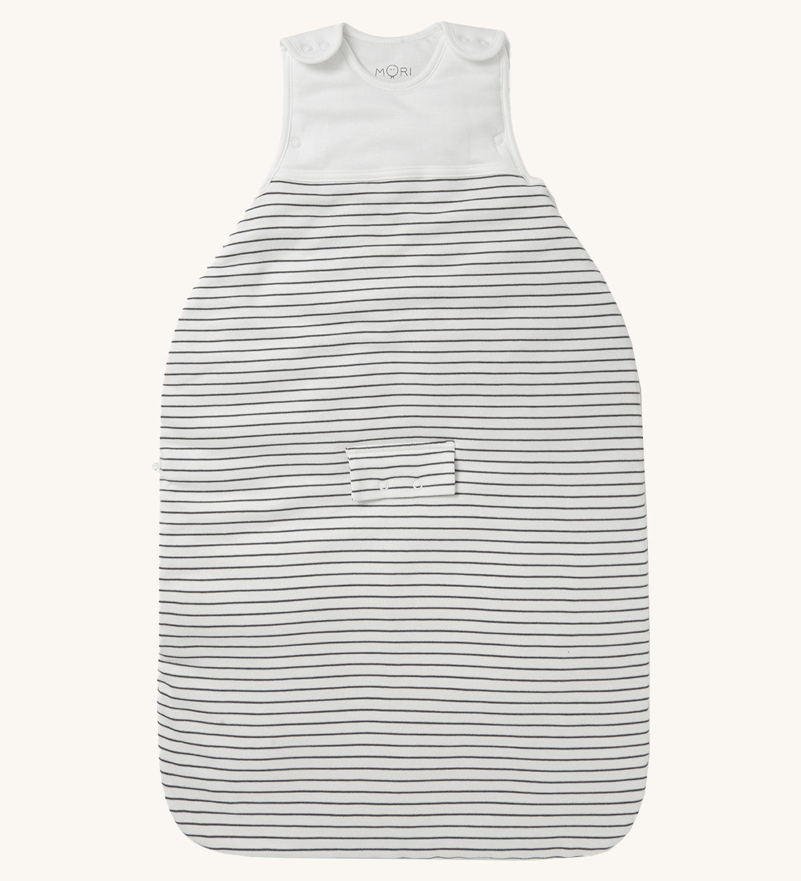 MORI baby sleeping bag in 2.5 TOG. A jersey style baby organic cotton and bamboo sleeping bag in white and grey stripe design. Features a small pocket on the front and popper fasteners on the shoulders for easy fitting.