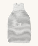 MORI baby sleeping bag in 1.5 TOG. A jersey style baby organic cotton and bamboo sleeping bag in white and grey stripe design. Features a small pocket on the front and popper fasteners on the shoulders for easy fitting.