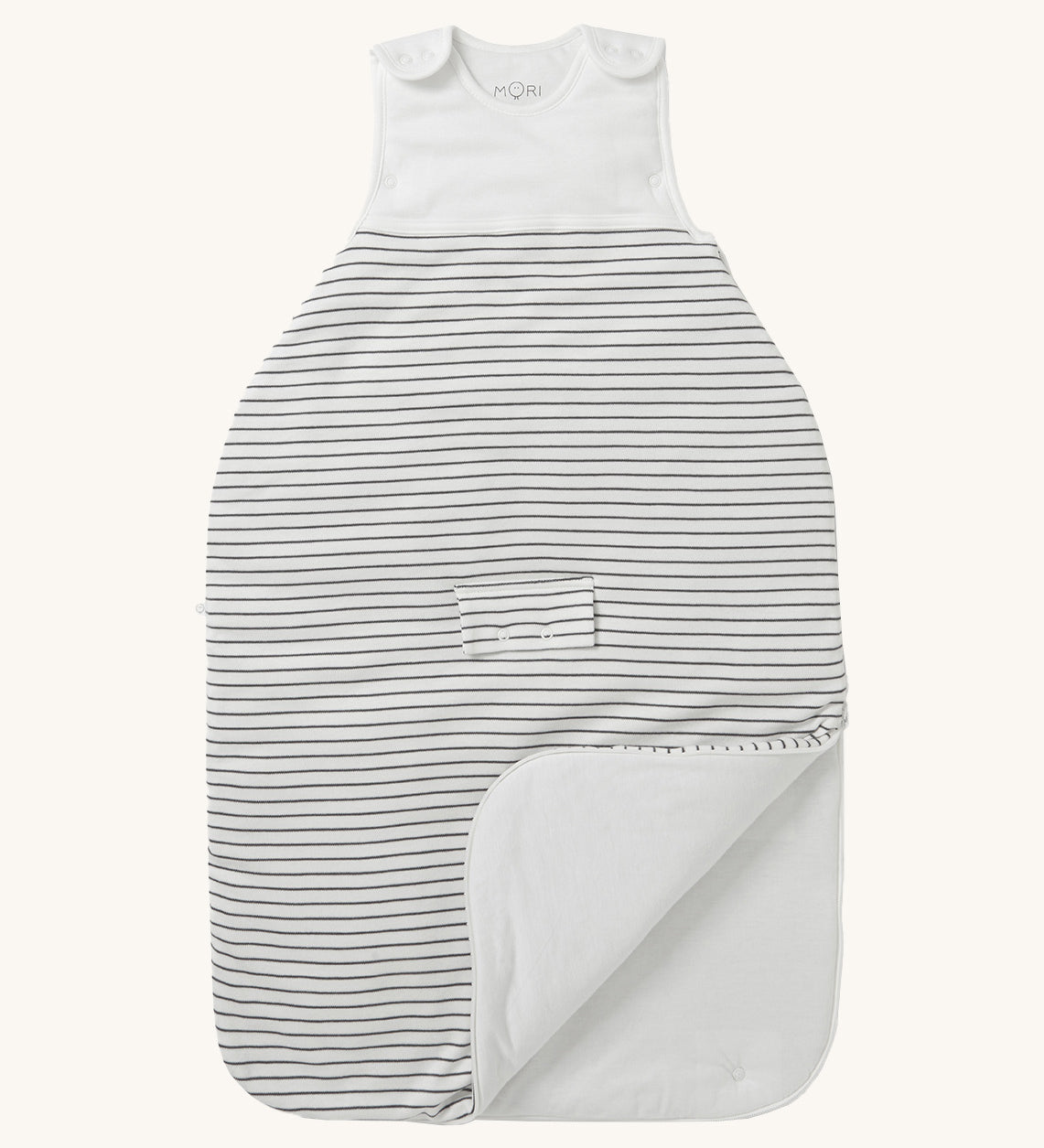 MORI baby sleeping bag in 2.5 TOG. A jersey style baby sleeping bag in white and grey stripe design. showing the zip up feature open for easy changing.