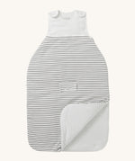 MORI baby sleeping bag in 1.5 TOG. A jersey style baby sleeping bag in white and grey stripe design. showing the zip up feature open for easy changing.