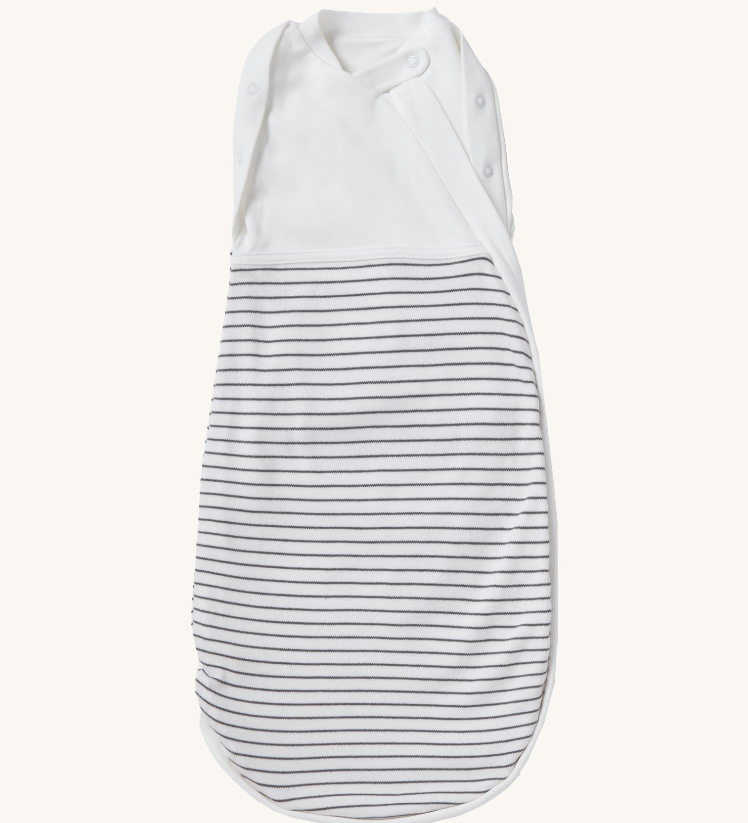MORI baby swaddle bag. 100% organic bamboo and cotton swaddle in grey and white stripes. Features poppers by the arms and neck for easy fitting.
