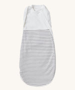 MORI baby swaddle bag. 100% organic bamboo and cotton swaddle in grey and white stripes. Features poppers by the arms and neck for easy fitting.