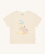 MORI Jemima duck top. GOTS organic cotton top with short sleeve in a light peach colour. Features a cute print of a mother duck wearing a blue hat standing next to a duckling 