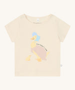MORI Jemima duck top. GOTS organic cotton top with short sleeve in a light peach colour with poppers on the shoulders for easy fitting. Features a cute print of a mother duck wearing a blue hat standing next to a duckling 