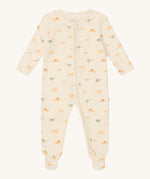MORI two way sleepsuit. A jersey style all in one outfit made from bamboo and organic cotton in a light neutral colour with a lion design. Features a two-way zip and concealed for safety