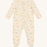MORI two way sleepsuit. A jersey style all in one outfit made from bamboo and organic cotton in a light neutral colour with a lion design. Features a two-way zip and concealed for safety