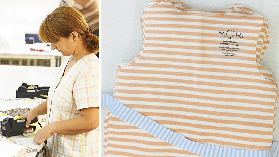 A picture of a woman making organic cotton and bamboo blend clothing, next to a picture of Mori clothing 