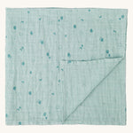 MORI muslin square in mint. 100% organic cotton muslin in light green with cute little prints of clouds and creatures in darker green