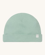MORI hat in mint. A light green ribbed style beanie made from bamboo and organic cotton. Features an soft turn up brim