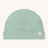 MORI hat in mint. A light green ribbed style beanie made from bamboo and organic cotton. Features an soft turn up brim