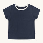MORI short sleeve t-shirt in navy. A ribbed style short sleeve top made from bamboo and organic cotton. Features poppers at the shoulder for easy fitting and a white neck trim