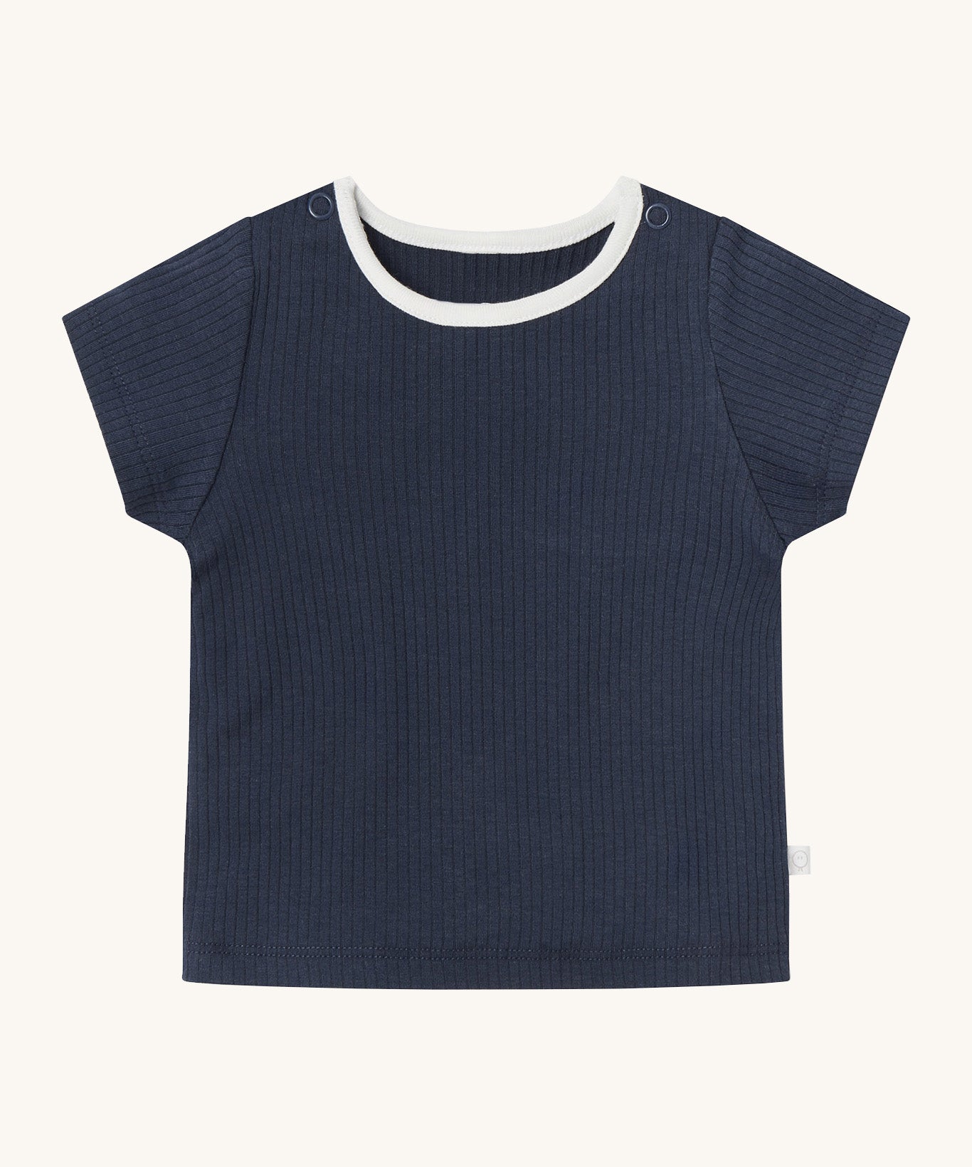 MORI short sleeve t-shirt in navy. A ribbed style short sleeve top made from bamboo and organic cotton. Features poppers at the shoulder for easy fitting and a white neck trim