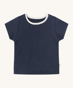 MORI short sleeve t-shirt in navy. A ribbed style short sleeve top made from bamboo and organic cotton. Features poppers at the shoulder for easy fitting and a white neck trim