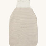 MORI baby sleeping bag in 1.5 TOG. A jersey style baby organic cotton and bamboo sleeping bag in white and neutral stripe design. Features a small pocket on the front and popper fasteners on the shoulders for easy fitting.
