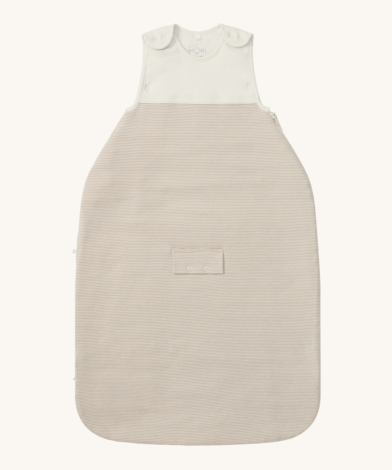MORI baby sleeping bag in 1.5 TOG. A jersey style baby organic cotton and bamboo sleeping bag in white and neutral stripe design. Features a small pocket on the front and popper fasteners on the shoulders for easy fitting.