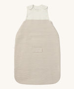 MORI baby sleeping bag in 1.5 TOG. A jersey style baby organic cotton and bamboo sleeping bag in white and neutral stripe design. Features a small pocket on the front and popper fasteners on the shoulders for easy fitting.