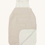 MORI baby sleeping bag in 1.5 TOG. A jersey style baby sleeping bag in white and neutral stripe design on organic fabric. showing the zip up feature open for easy changing
