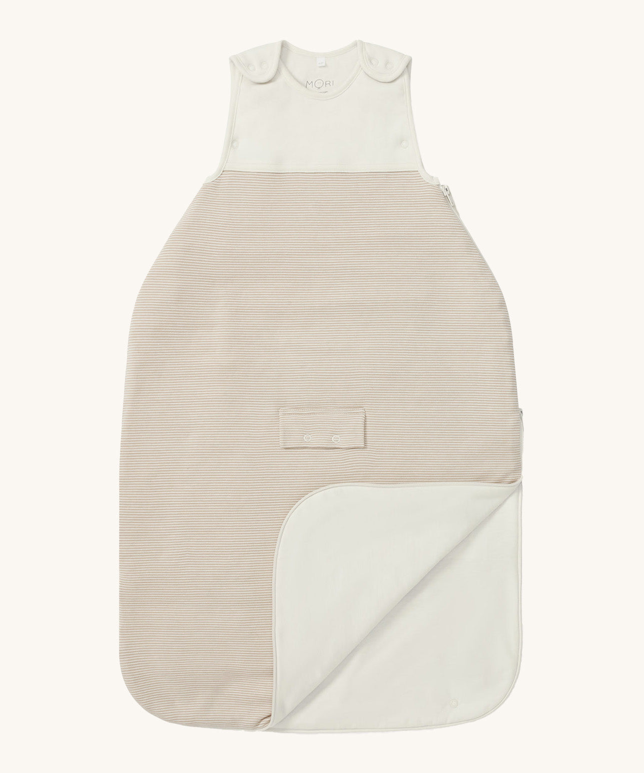 MORI baby sleeping bag in 1.5 TOG. A jersey style baby sleeping bag in white and neutral stripe design on organic fabric. showing the zip up feature open for easy changing