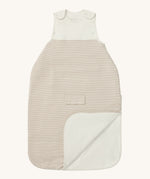 MORI baby sleeping bag in 1.5 TOG. A jersey style baby sleeping bag in white and neutral stripe design on organic fabric. showing the zip up feature open for easy changing