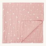 MORI muslin square in pink. 100% organic cotton muslin with cute little prints of clouds and creatures in white