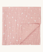 MORI muslin square in pink. 100% organic cotton muslin with cute little prints of clouds and creatures in white