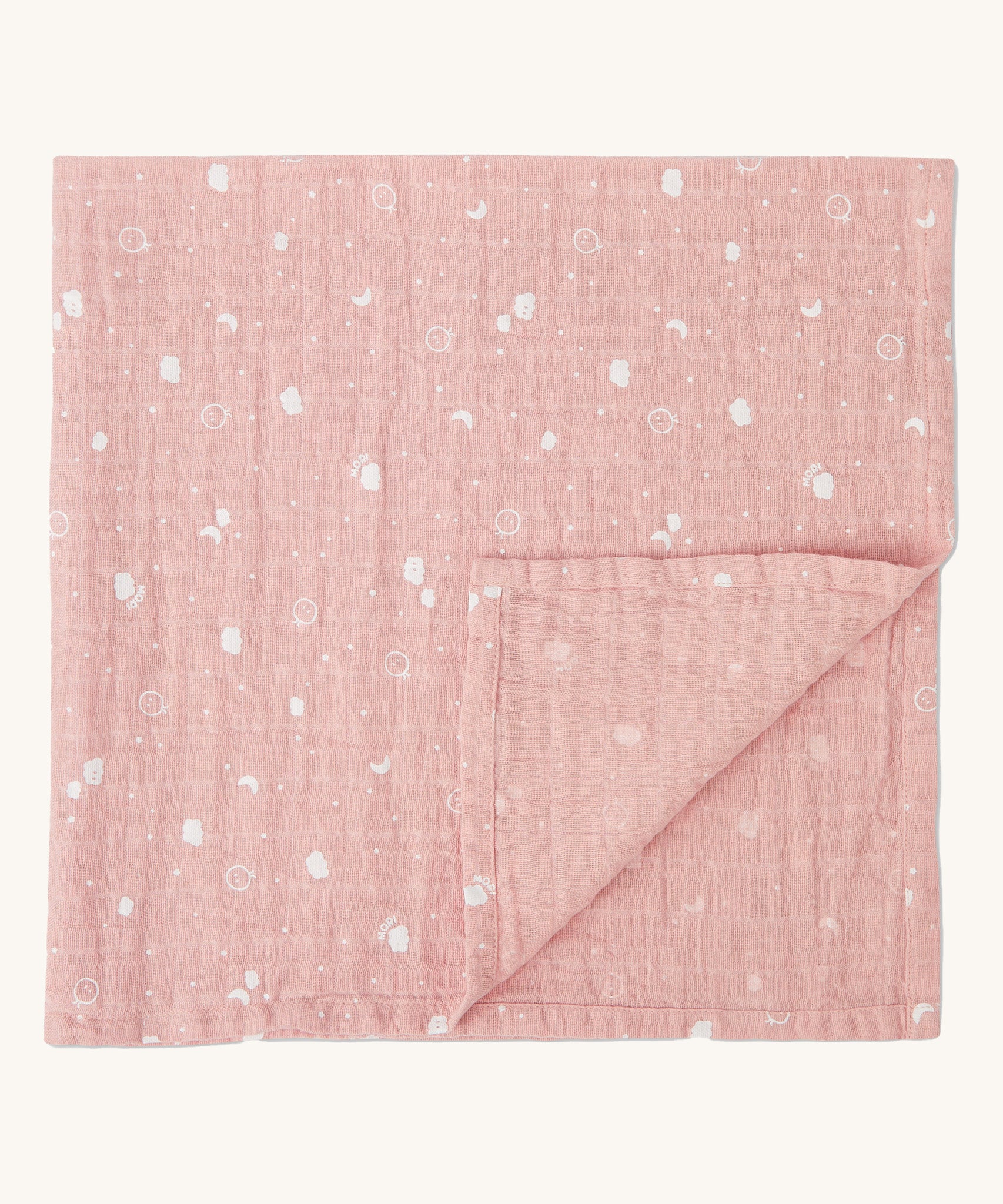 MORI muslin square in pink. 100% organic cotton muslin with cute little prints of clouds and creatures in white