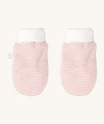 MORI baby mittens. A ribbed style pair of mittens from organic fabric in pink and white stripes. Features a white cuff for a comfortable fit