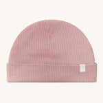 MORI hat in rose. A light pink ribbed style beanie made from bamboo and organic cotton. Features an soft turn up brim