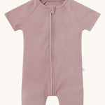 MORI Summer sleepsuit in rose. A light pink ribbed style all in one outfit with short sleeves and leg made from bamboo and organic cotton. Features a full length zip for easy fitting