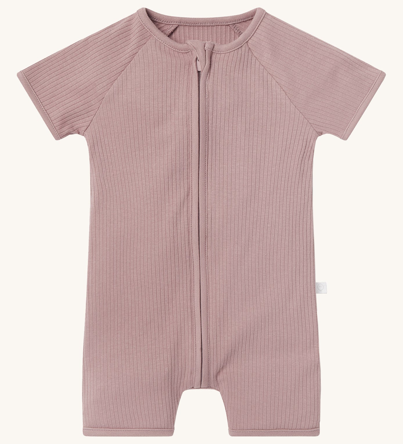 MORI Summer sleepsuit in rose. A light pink ribbed style all in one outfit with short sleeves and leg made from bamboo and organic cotton. Features a full length zip for easy fitting