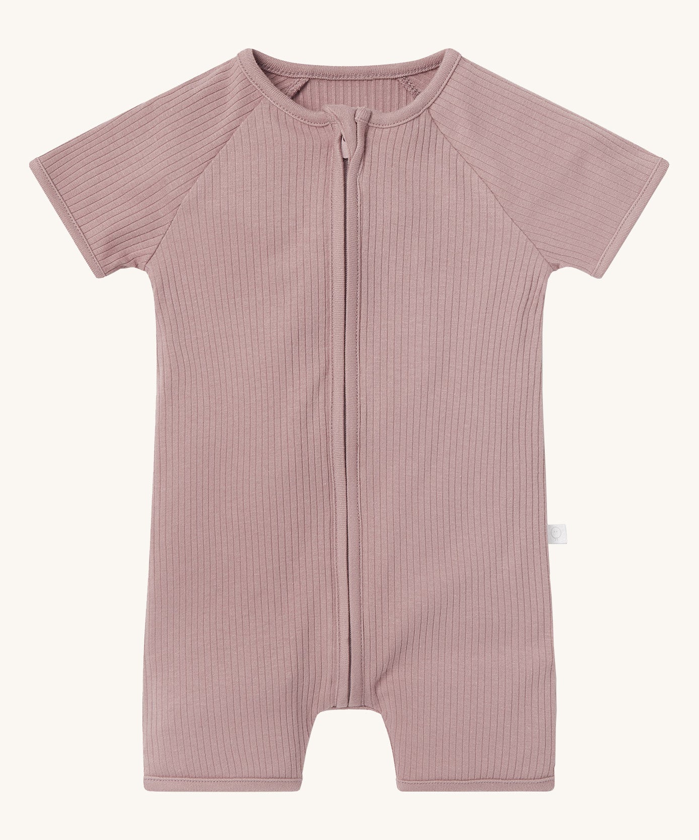 MORI Summer sleepsuit in rose. A light pink ribbed style all in one outfit with short sleeves and leg made from bamboo and organic cotton. Features a full length zip for easy fitting