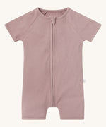 MORI Summer sleepsuit in rose. A light pink ribbed style all in one outfit with short sleeves and leg made from bamboo and organic cotton. Features a full length zip for easy fitting