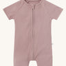 MORI Summer sleepsuit in rose. A light pink ribbed style all in one outfit with short sleeves and leg made from bamboo and organic cotton. Features a full length zip for easy fitting