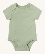 MORI short sleeve body suit in sage green. A ribbed style bodysuit made from bamboo and organic cotton. Features 3 poppers at the crotch for easy fitting