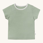 MORI short sleeve t-shirt in sage green. A ribbed style short sleeve top made from bamboo and organic cotton. Features poppers at the shoulder for easy fitting and a white neck trim