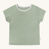 MORI short sleeve t-shirt in sage green. A ribbed style short sleeve top made from bamboo and organic cotton. Features poppers at the shoulder for easy fitting and a white neck trim