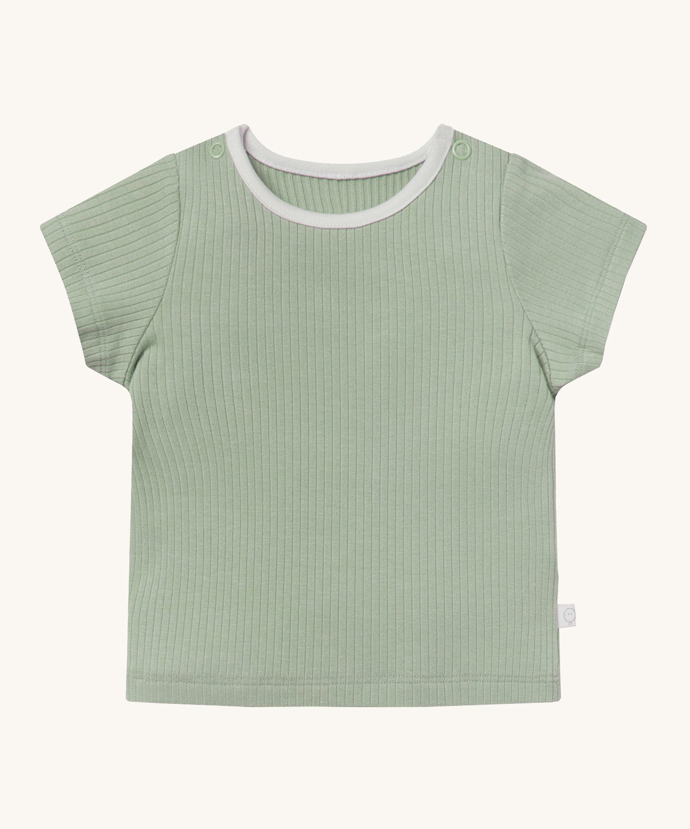MORI short sleeve t-shirt in sage green. A ribbed style short sleeve top made from bamboo and organic cotton. Features poppers at the shoulder for easy fitting and a white neck trim