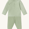 MORI pyjamas in sage. A light green ribbed style pyjama set made from bamboo and organic cotton. Features a popper fastener top for easy fitting and elasticated cuffs on the arms and legs for a comfortable fit