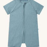 MORI Summer sleepsuit in sky blue. A ribbed style all in one outfit with short sleeves and leg made from bamboo and organic cotton. Features a full length zip for easy fitting