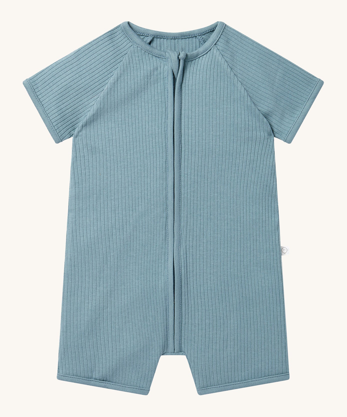 MORI Summer sleepsuit in sky blue. A ribbed style all in one outfit with short sleeves and leg made from bamboo and organic cotton. Features a full length zip for easy fitting