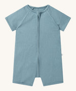 MORI Summer sleepsuit in sky blue. A ribbed style all in one outfit with short sleeves and leg made from bamboo and organic cotton. Features a full length zip for easy fitting