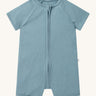 MORI Summer sleepsuit in sky blue. A ribbed style all in one outfit with short sleeves and leg made from bamboo and organic cotton. Features a full length zip for easy fitting
